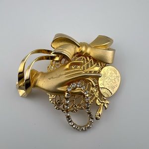 Gold Tone Brooch with Rattle and Clear Stone Bracelet